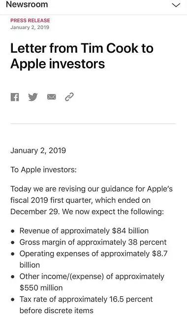 图为蒂姆·库克致苹果投资者的一封信 图片来源：苹果官网