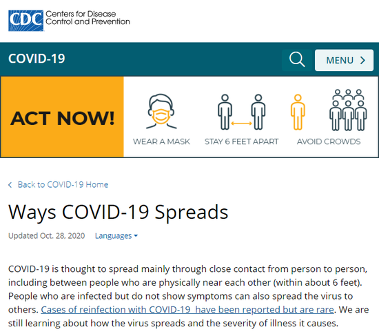 美疾控中心：多数人是在六英尺内被传染COVID-19的