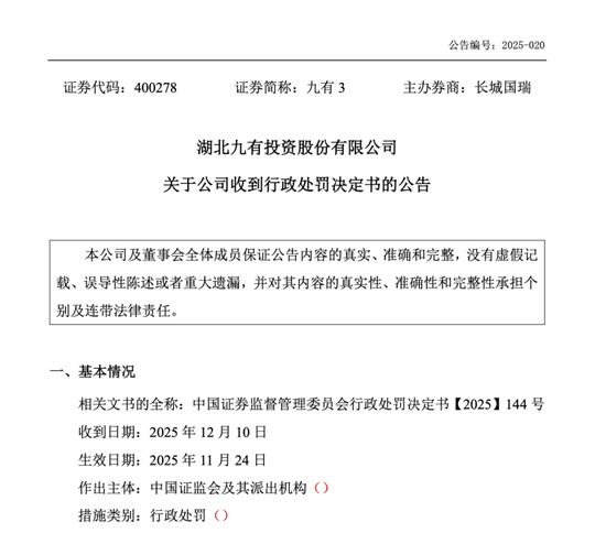 退市仍追责！九有投资被重罚，原董事长遭10年禁业！