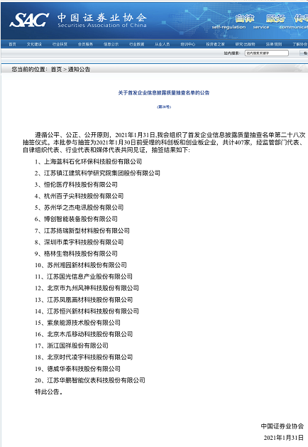 证券业抽查IPO信披质量：20家名单出炉科创板占9席