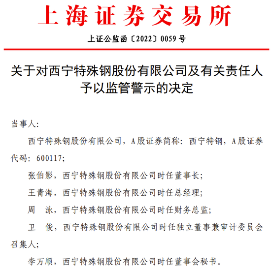 “预告亏损4.7亿，实际亏损超11亿，西宁特钢及5责任人被监管警示