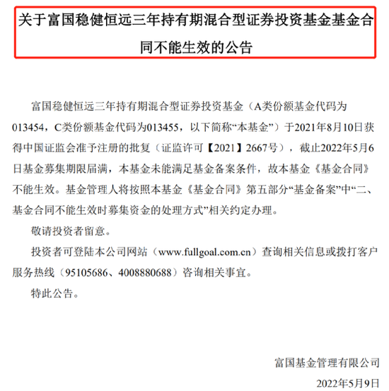 又一只基金发行失败：富国稳健恒远三年持有成年内第二只发行失败的偏股混合型基金