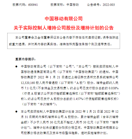 “股价持续低迷，中国移动拟增持A股！最高50亿元