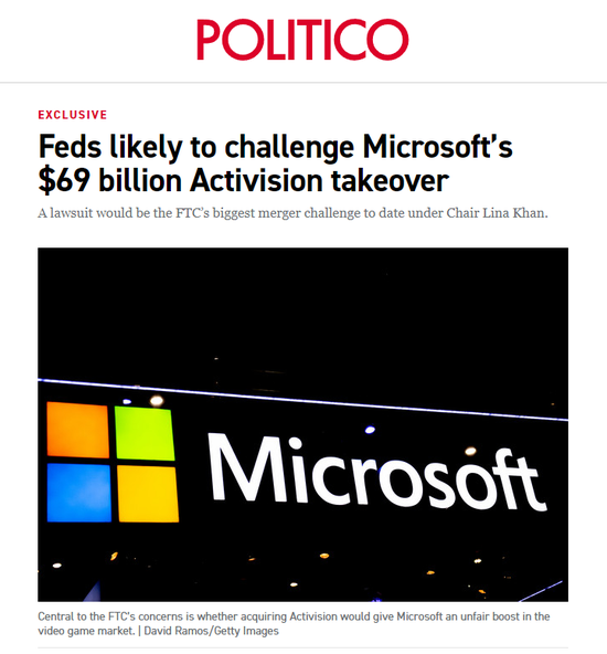 索尼：消息称美国FTC可能提起诉讼，阻止微软以690亿美元收购动视暴雪