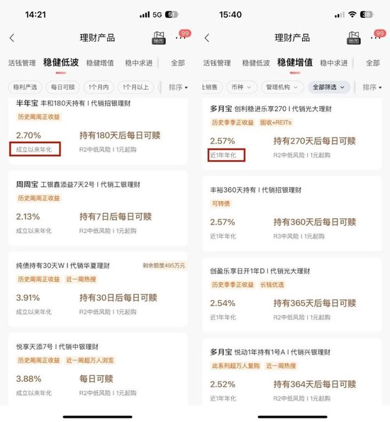 （招行APP对理财产品的业绩展示）