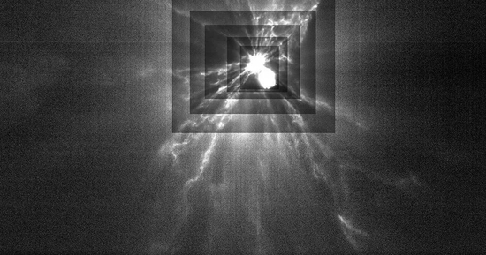 这张来自小型LICIACube航天器的图像显示了2022年9月26日DART任务撞击Dimorphos小行星后，从其喷出的喷射物羽流。每个矩形代表不同的对比度，以便更好地看到羽流中的精细结构