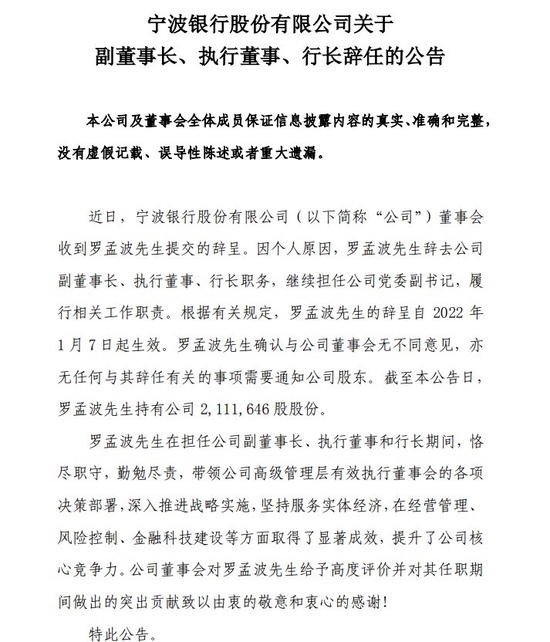 宁波银行罗孟波辞去行长等职务