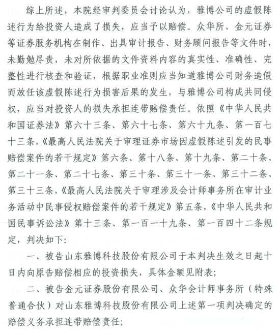 *ST雅博投资者索赔案进展：金元证券、众华会所被判承担连带赔偿