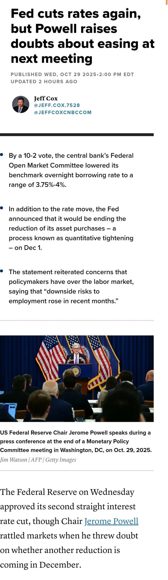 美聯(lián)儲再次降息，但鮑威爾對下次會議繼續(xù)寬松表示懷疑