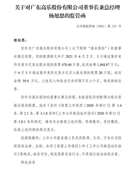 关注函显示,杨旭恩的配偶陈文丹于2021年6月2日,3日通过集中竞价交易