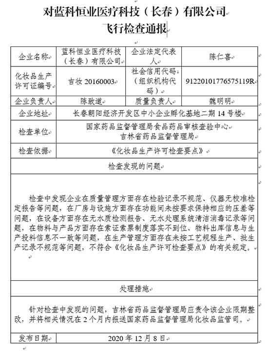 蓝科恒业医疗科技(长春)有限公司“飞检”不达标 被责令限期整改