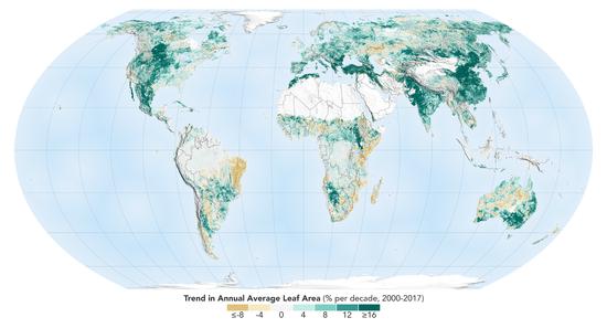 NASA研究统计的全球范围内，植被每10年平均增长率情况 图源：同上