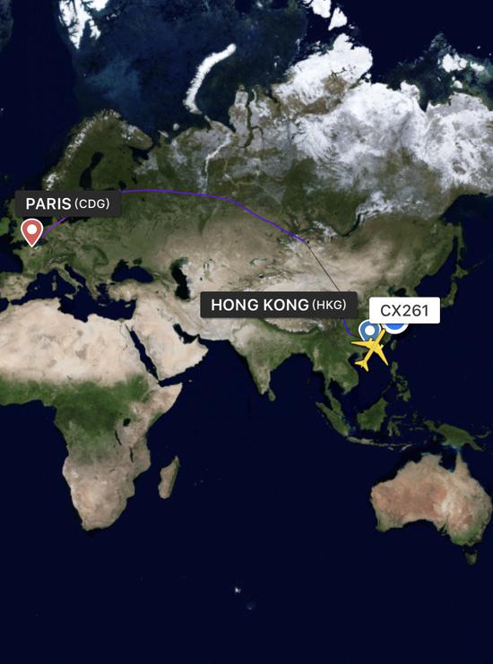 典型的国泰欧洲航线，必须穿越中国民航局管辖的飞行情报区