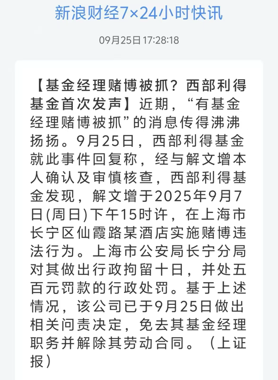 西部利得：解文增赌博违法被拘留 10 日罚款500元书属实，免去基金经理职务并解除劳动合同