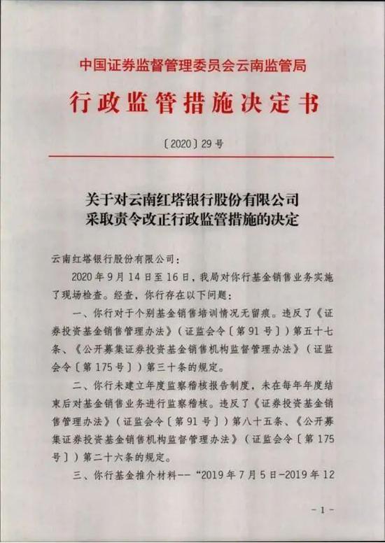 红塔银行基金销售业务11宗违规 遭云南证监局责令改正