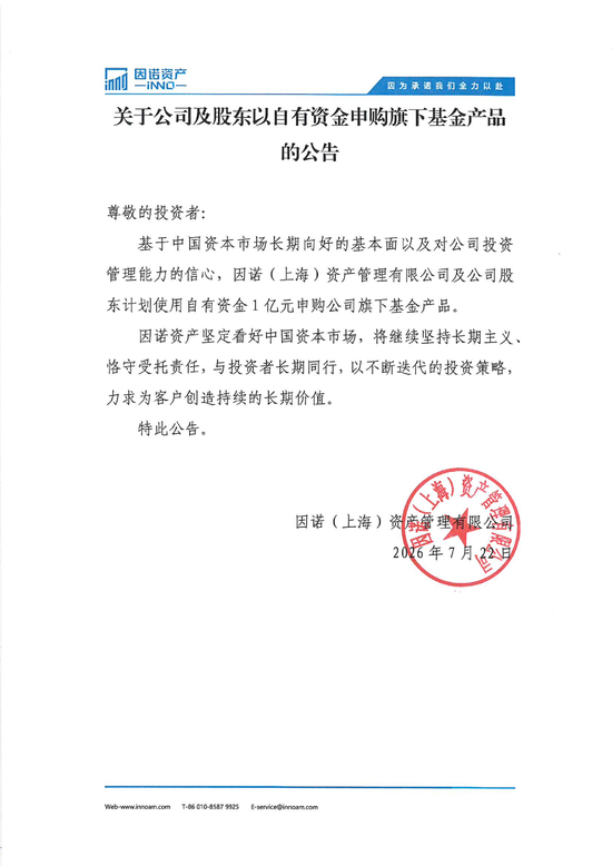 又一家私募自购！因诺资产使用自有资金1亿元申购旗下基金产品