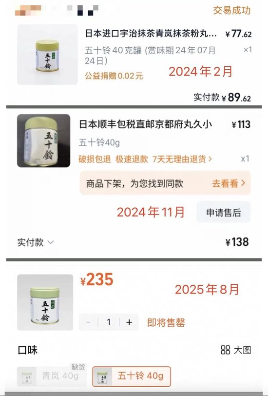  某款知名抹茶产品售价对比 / 受访者供图