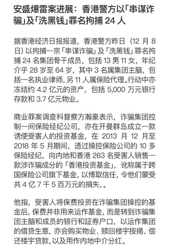 导致香港安盛产品一夜暴跌95%的24人被捕 涉及4亿金额