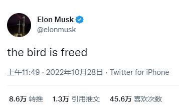 “该公司”马斯克完成收购后在推特上发文：鸟儿自由了