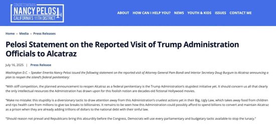 佩洛西抨击特朗普政府拟建新“恶魔岛”监狱的声明