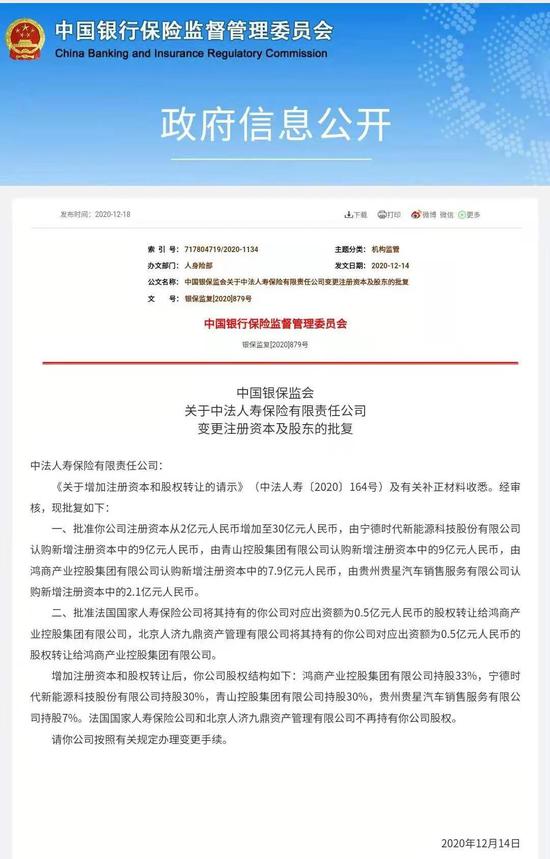宁德时代9亿元入股获批 中法人寿迎实力派新股东
