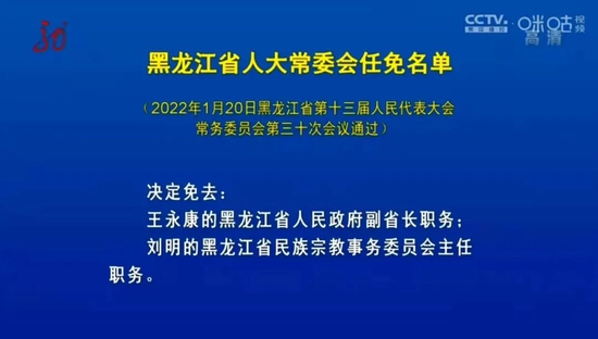 常务委员会第三十次会议决定免去王永康的黑龙江省人民政府副省长职务