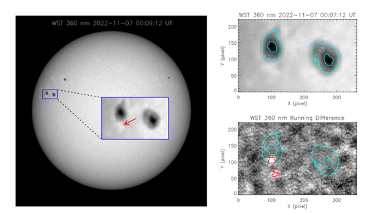 △图6. WST/LST在11月7日观测到1个白光耀斑，右边红色等值线为连续谱增强位置相对黑子的位置