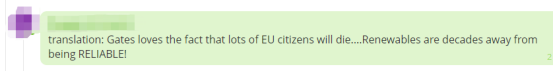 “翻译过来就是：盖茨喜欢很多欧盟公民将会死亡的事实……现在距离可再生能源成为可靠能源还有几十年的距离！”