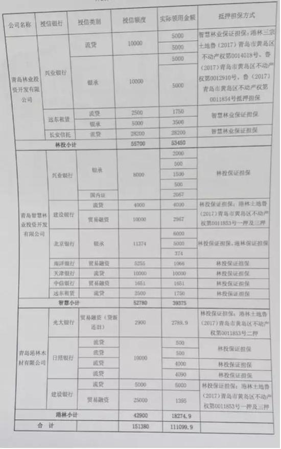 （爆料人提供：青岛林业投资及其下属公司融资明细 单位：万元）