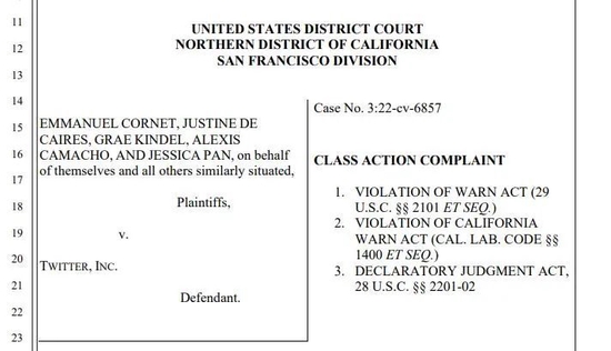 Twitter 前员工对公司发起集体诉讼。图片来源：加州联邦地区法院