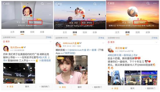 （涵旗下三大顶级KOL张大奕、大金、莉贝琳微博&粉丝数）