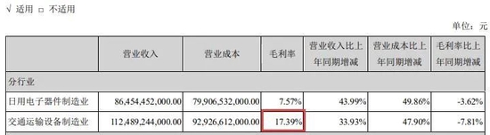 比亚迪2021年毛利率情况 图片来源：年报截图