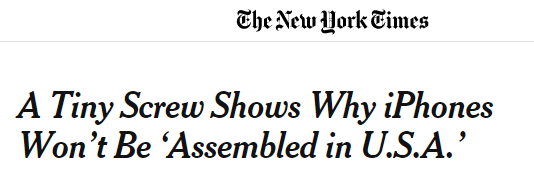 ▲螺丝钉难题：苹果为何无法实现“美国组装”？&nbsp;（via NYT）