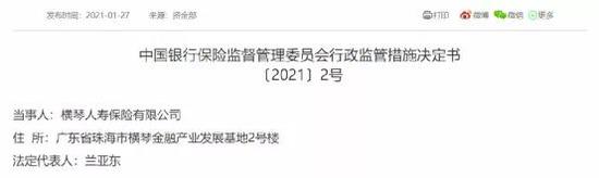 横琴人寿犯三宗罪被罚 半年内不得新增股权和其他金融资产投资