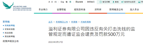 溢利证券违反有关打击洗钱的监管规定 证监会谴责并罚款500万元