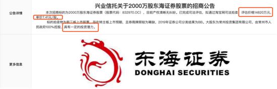 东海证券价值1.48亿元股权遭拍卖 或与“前任”股东破产有关
