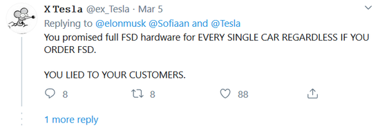 网友指责马斯克向客户撒谎 来源：推特