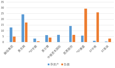 截止2020年一季度末中植系实控上市公司的净资产和负债规模（单位：亿元）