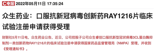 “技术路线和辉瑞盐野义相同：众生药业新冠口服药临床试验注册申请获受理 年内涨幅超以岭药业