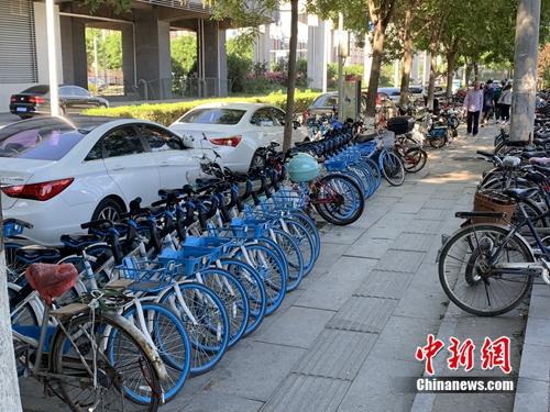 北京某郊区地铁口的共享单车。中新网 吴涛 摄