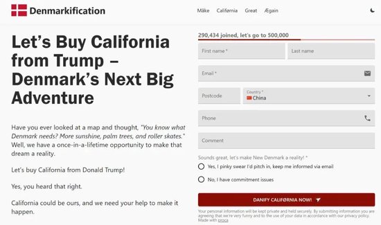 “支持丹麦买下美国加州”，近30万网民联署力挺
