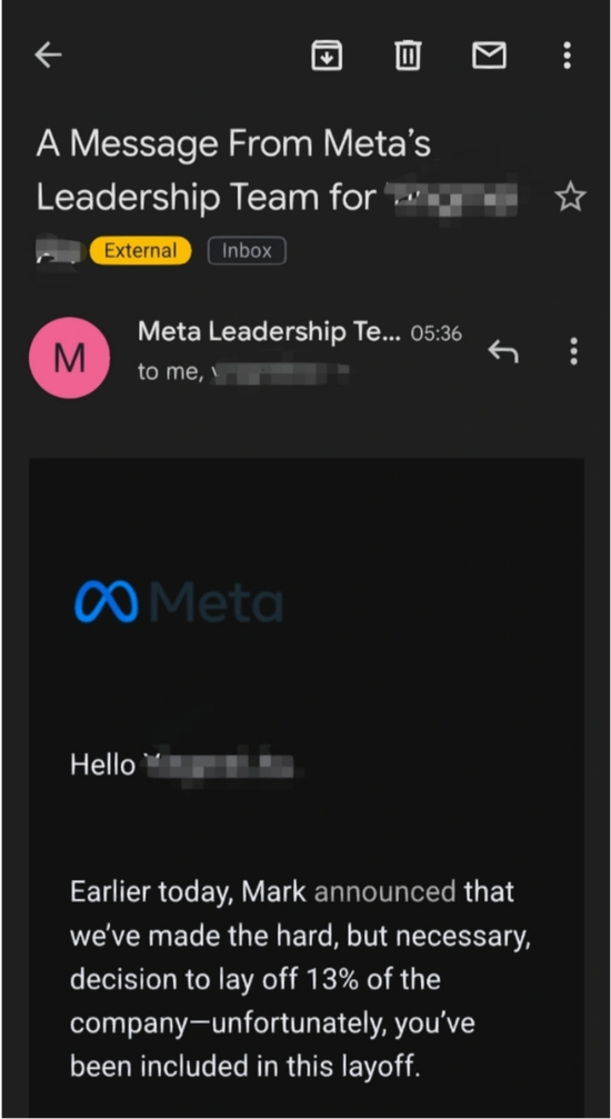 早上五点多，Ada收到的Meta裁员信。来源：受访者