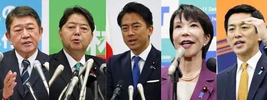 拼版图片，从左到右分别为茂木敏充、林芳正、小泉进次郎、高市早苗、小林鹰之。
