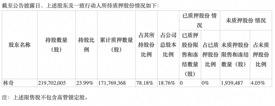 图3 林奇股份质押情况（截至2020年10月16日） 图片来源：公司公告