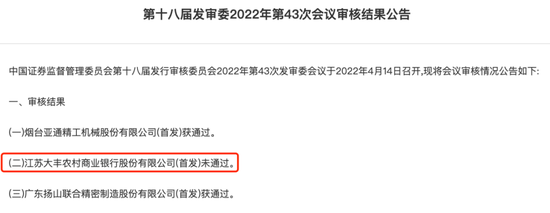 “四年IPO折戟 大丰农商行成为A股首家IPO被否银行
