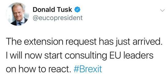 图斯克表示，欧盟方面已收到来自英国的延长脱欧期限申请信。（图片来源：推特）