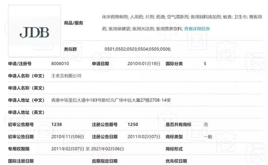 ③2013年王老吉有限公司第5类医用、人用药商品JDB商标的申请证明