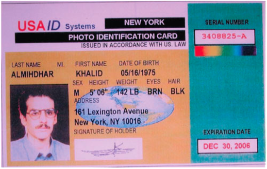 19名劫机犯中almihdhar的伪造身份证(图源:美国移民研究中心)事实上