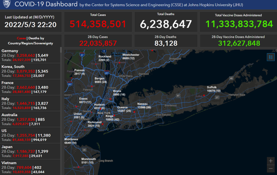 (全球疫情概览,来源:约翰斯·霍普金斯大学)