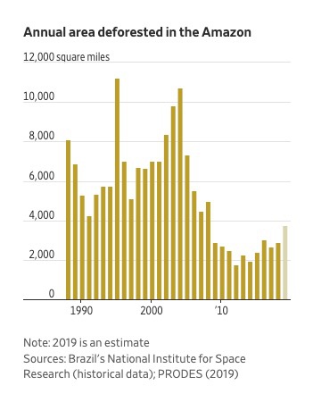 1990至2019年亚马孙雨林去森林化面积（2019年为预测值）。